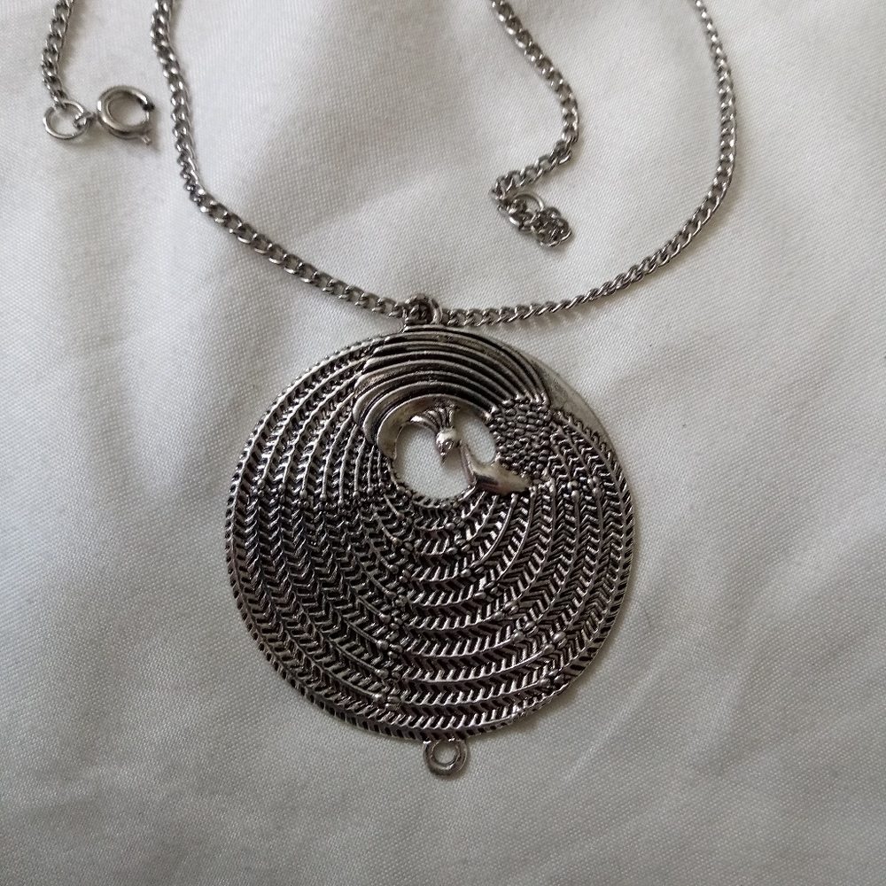 Silver peacock necklace